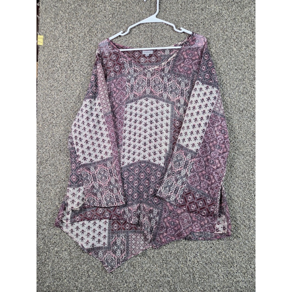 Avenue Long Sleeve Blouse Womens 22/24 Burgundy Patchwork Sharkbite Hem‎ Shimmer
